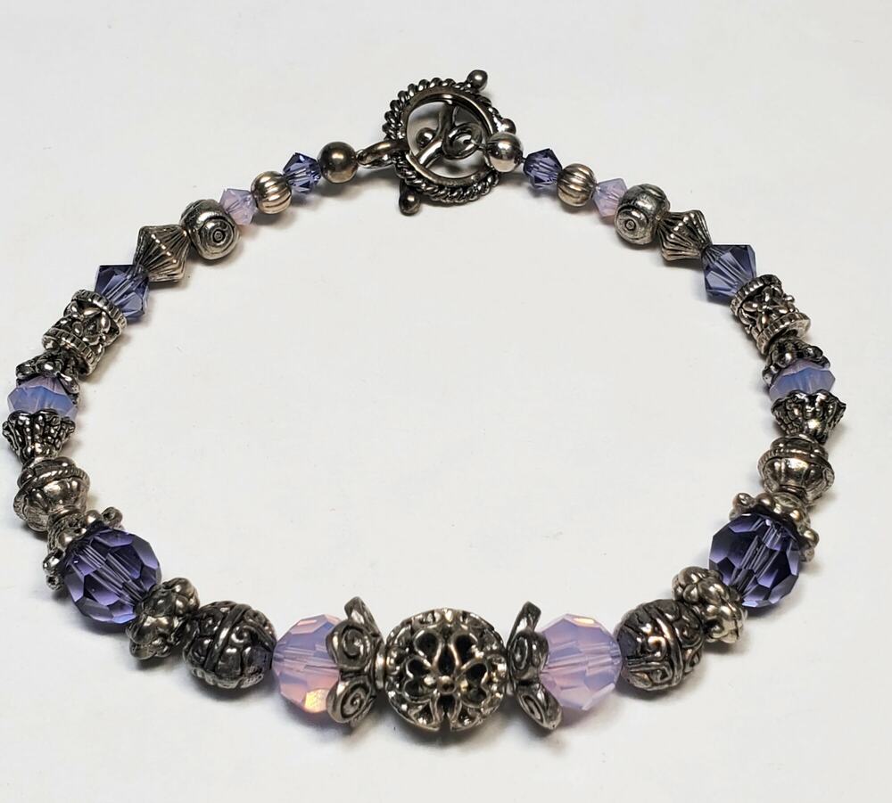 Purple Crystal Silver Tone Bead Toggle Bracelet 8"